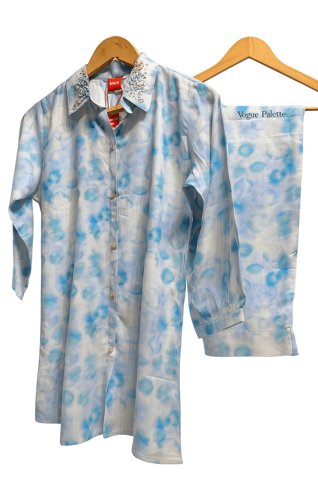 Shirt Style Co-ord Set with Embroidered Neck